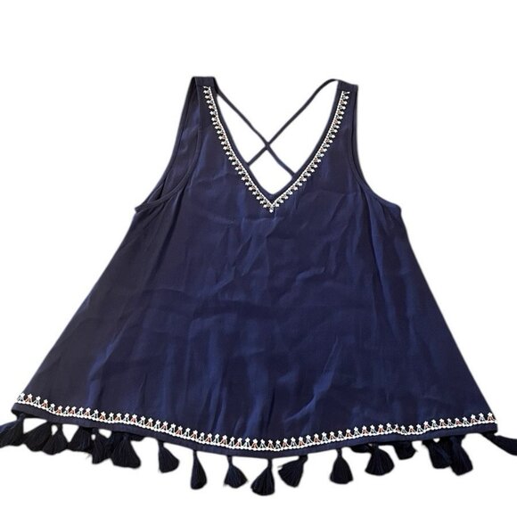 Sugar Lips Blue Embroidered Tassel V Neck Tank Top Womens Size XS - Picture 1 of 6